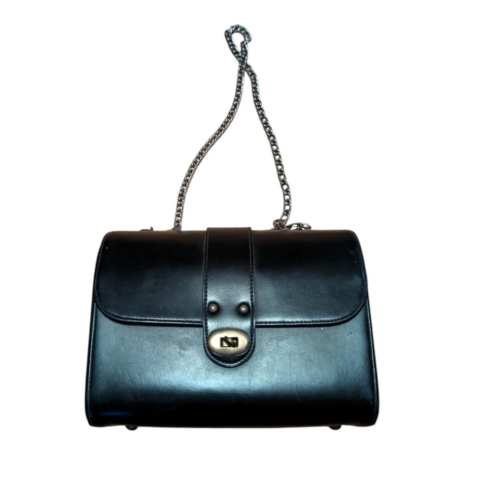 Vintage Garay Black Leather Convertible Handbag Purse Chain Strap Turn Lock